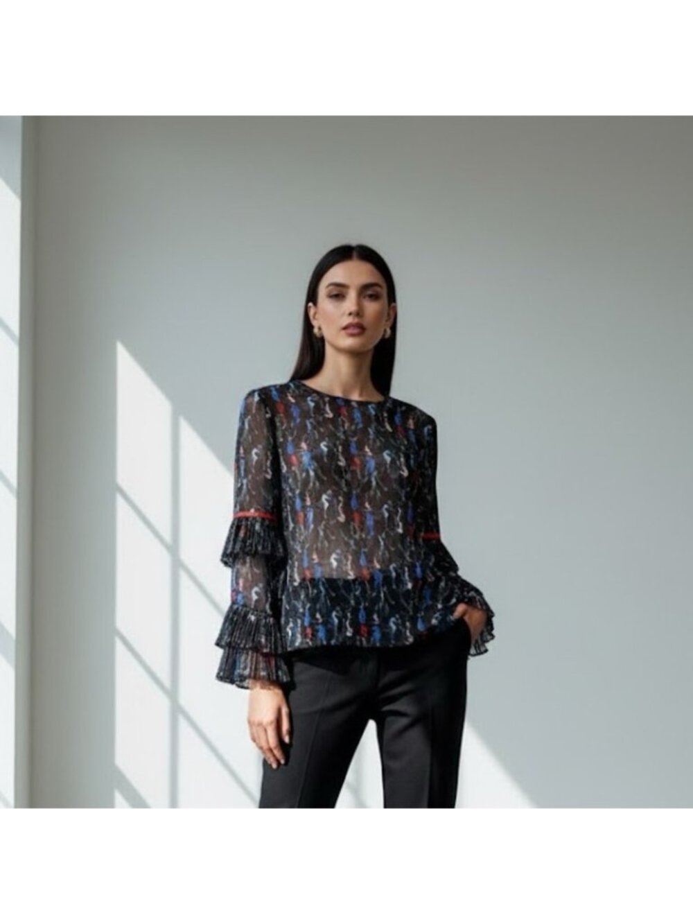 Seahorse print silk Sheer Ruffle Sleeve Top - Multicolor
